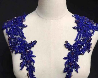 blue rhinestone applique, deluxe rhinestone florals applique for haute couture