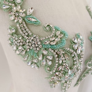 Mint green Rhinestone appliqué, handcraft crystal applique for neckline, couture supplies, wedding dress, dance costume supplies