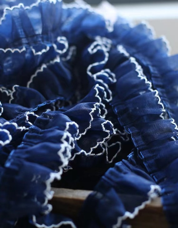 10 yards navy blue ruffled organza trim, frill trim for tutu, dance costume, lingerie, doll dress  10 colors
