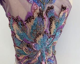 Big purple bead embroidery flower, heavy bead flowers patch with for dress, supplies