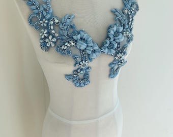 Aplique de flor de diamantes de imitación azul bebé, parche de flor de cuentas 3D hecho a mano para vestido, suministros de indumentaria