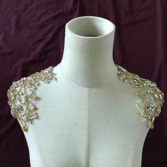 gold Rhinestone applique for open back dress, gold rhinestone patch for couture