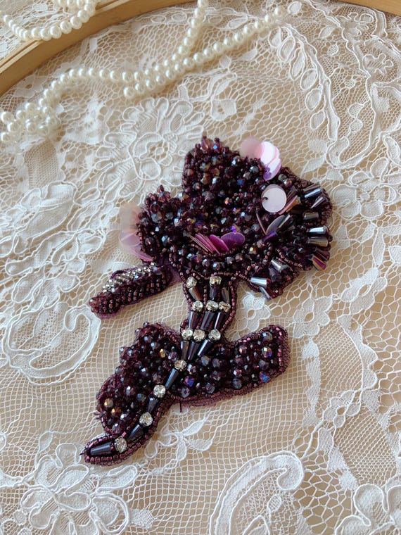 purple hand bead floral applique, 3d heavy bead rhinestone applique patch for headpiece, garment, dress