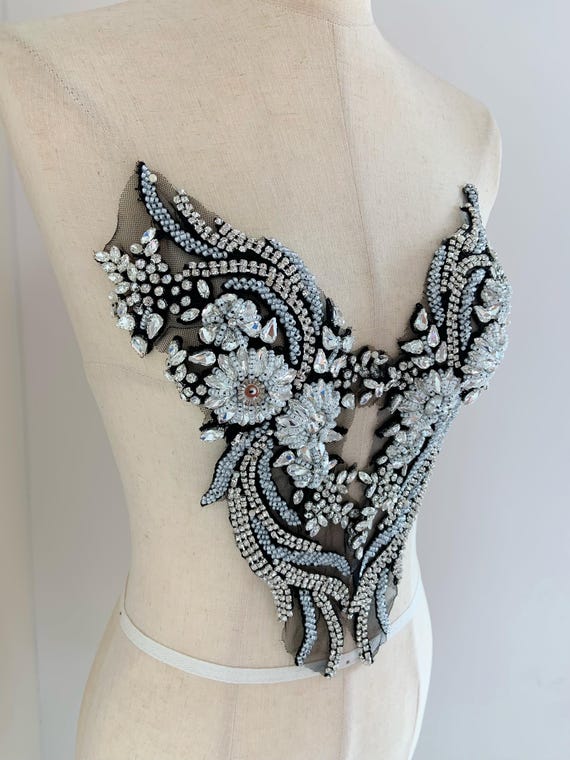 Black n white rhinestone applique patch for dance costume, rhinestone corset , couture supplies
