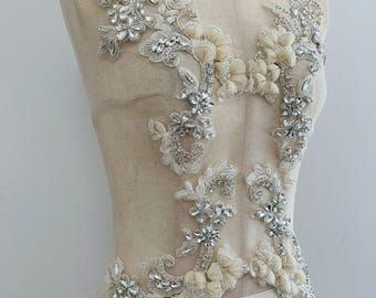Rhinestone applique with champagne lily flowers, handcrafted beige floral patch
