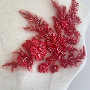 2 pcs red lace applique with 3d flowers