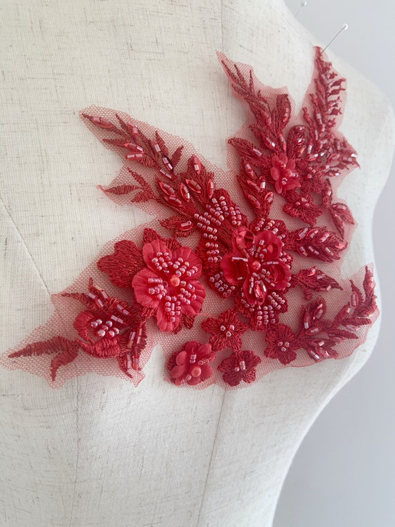 2 pcs red lace applique with 3d flowers
