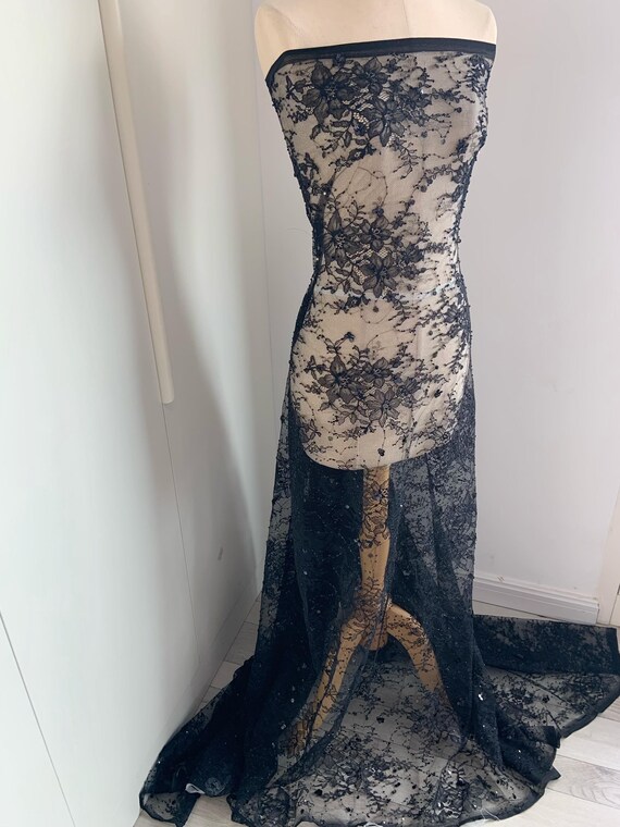 Black Chantilly lace fabric with beads and sequins, heavy beading Chantilly lace fabric for wedding dress