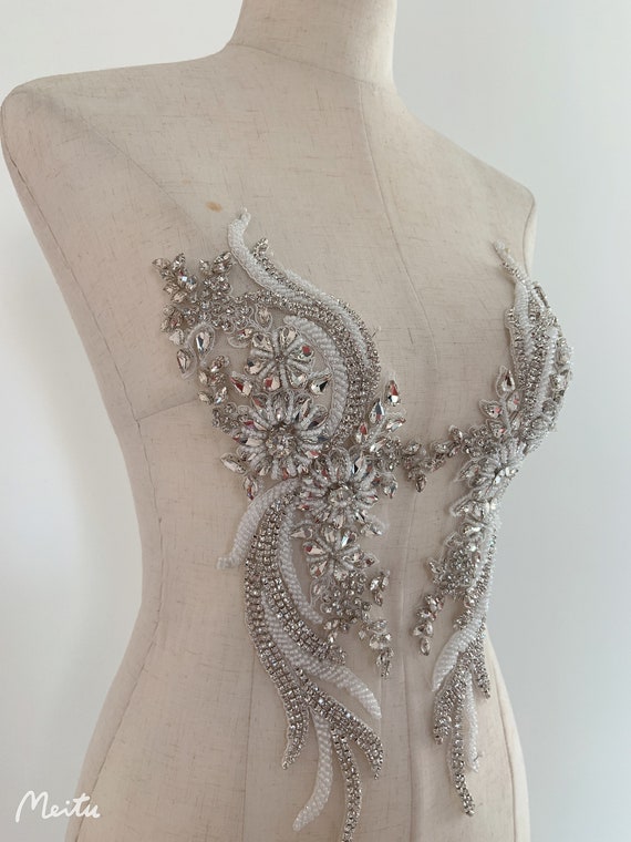 Silver rhinestone applique by pair, rhinestone bodice patch, rhinestone patch for dress alterations dance costume