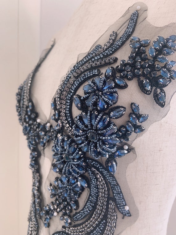 Navy rhinestone applique by pair, rhinestone patch for couture dance costume dress alterations