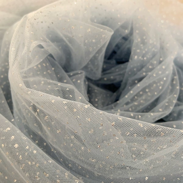 Light pale blue tulle fabric with glitters for dress, costume, dance costume, sparkling galaxy tulle fabric