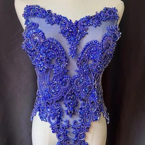Royal blue Rhinestone bodice applique, large crystal applique for couture, crystal bodice applique for dress, costume supplies