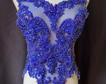 Royal blue Rhinestone bodice applique, large crystal applique for couture, crystal bodice applique for dress, costume supplies
