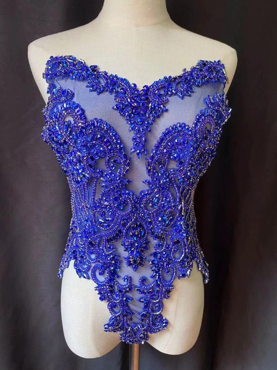 Royal blue Rhinestone bodice applique, large crystal applique for couture, crystal bodice applique for dress, costume supplies