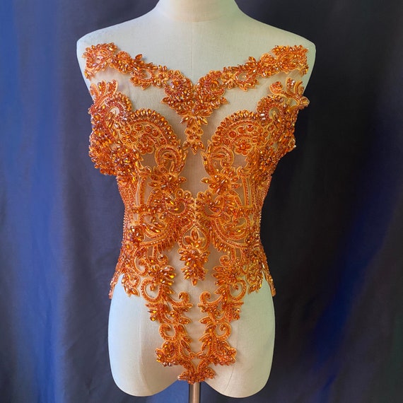 Orange Rhinestone bodice applique, large crystal applique for couture, crystal bodice applique for dress, costume supplies