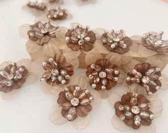 5 pcs brown handcrafted flowers applique, handmade flowers petals with rhinestone and beads