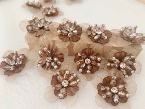 5 pcs brown handcrafted flowers applique, handmade flowers petals with rhinestone and beads