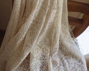 ivory Lace fabric, Embroidered tulle lace fabric, vintage lace fabric with round patterns