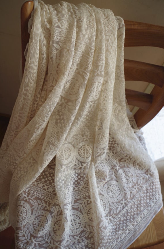 ivory Lace fabric, Embroidered tulle lace fabric, vintage lace fabric with round patterns