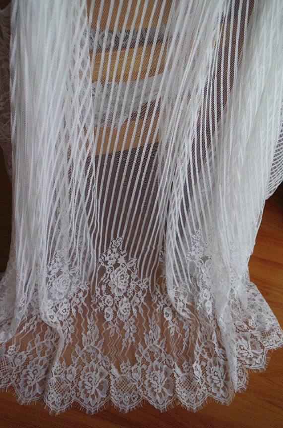 off white Chantilly lace fabric with scalloped edge