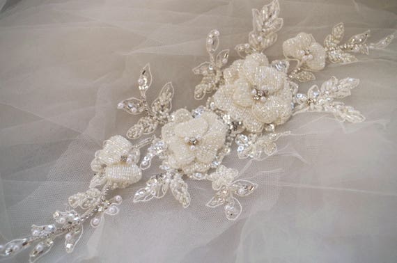 off white heavy bead applique with camellia, handcrafted bead flower applique for haute couture