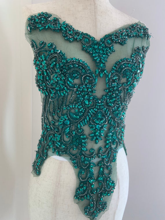 Dark emerald green Rhinestone bodice applique, large crystal applique for couture, crystal bodice applique for dress, costume supplies