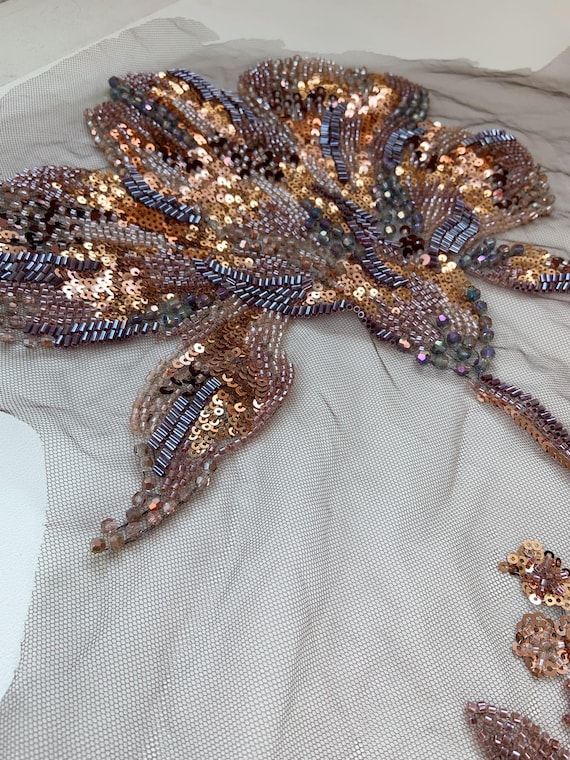 Brown bead embroidery flowers appliqué , heavy bead florals patch for dress alterations, dress supplies
