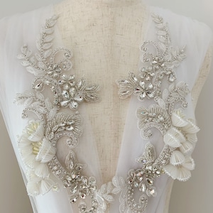 Rhinestone applique patch with 3d florals for couture, crystal bodice patch, heavy bead handmade bodice patch