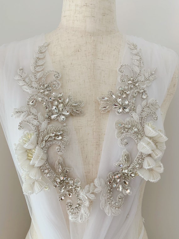 Rhinestone applique patch with 3d florals for couture, crystal bodice patch, heavy bead handmade bodice patch