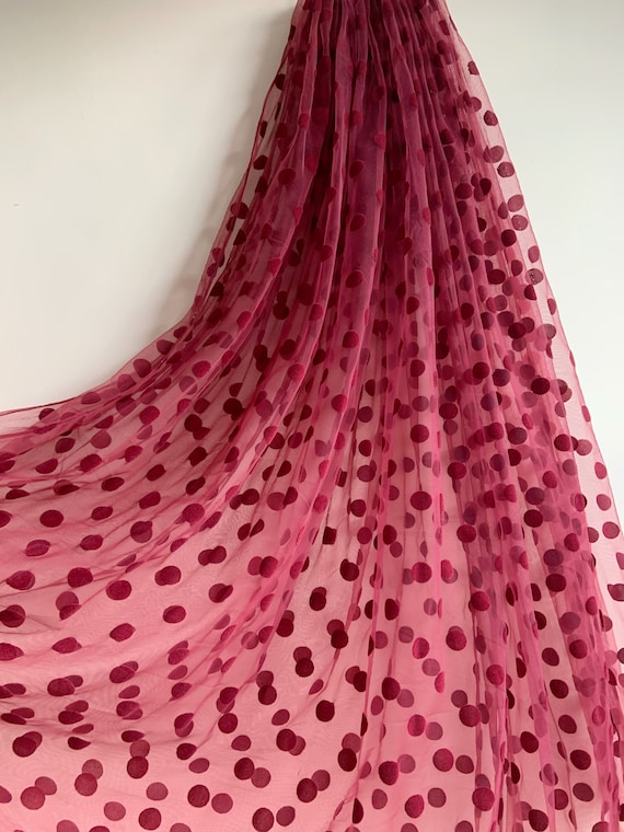 burgundy red tulle Lace fabric with big polka dots, tulle mesh fabric with velvet dot, new arrival, hot selling