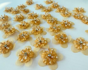 5 pcs gold flowers applique, handmade flowers patch with rhinestone and beads