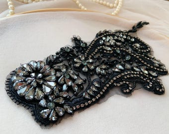 Black Rhinestone applique for dress alterations, 3d rhinestone motif patch