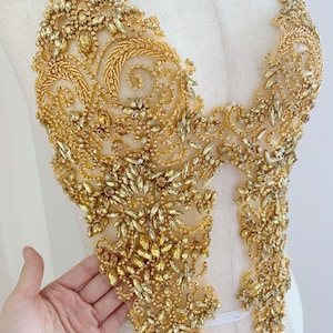 2pcs all Gold Rhinestone bodice applique, crystal crafted applique, Large Delicated heavy bead applique