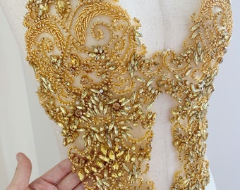 2pcs all Gold Rhinestone bodice applique, crystal crafted applique, Large Delicated heavy bead applique