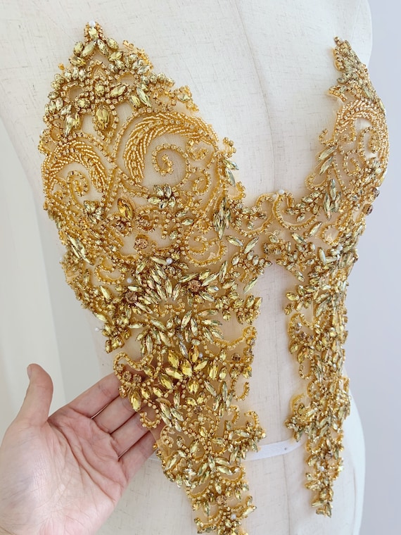 2pcs all Gold Rhinestone bodice applique, crystal crafted applique, Large Delicated heavy bead applique
