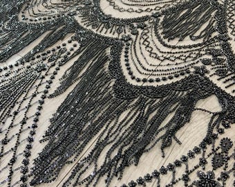 Tela de tul con cuentas negras y flecos para vestido, tela con bordados de cuentas