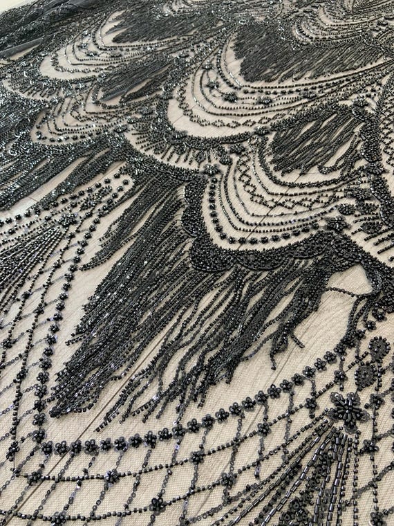 Black bead tulle fabric with fringes for dress, beading embroideries fabric