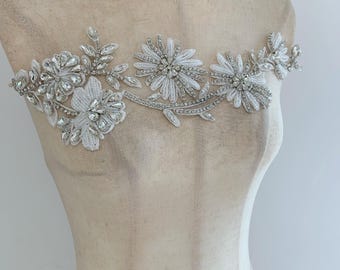 Rhinestone applique with white daisy, bead flower applique for dress alterations
