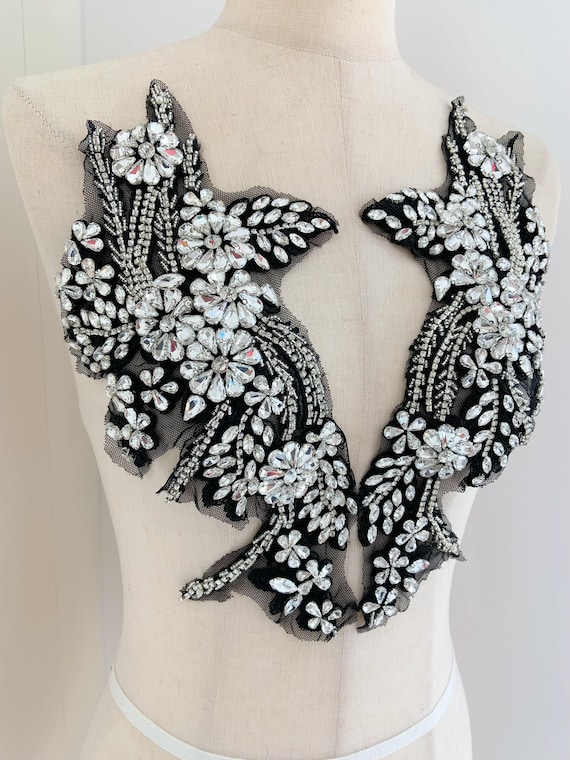 silver Rhinestone appliqué with black base, sparkle rhinestone patch with 3d florals for garment costume