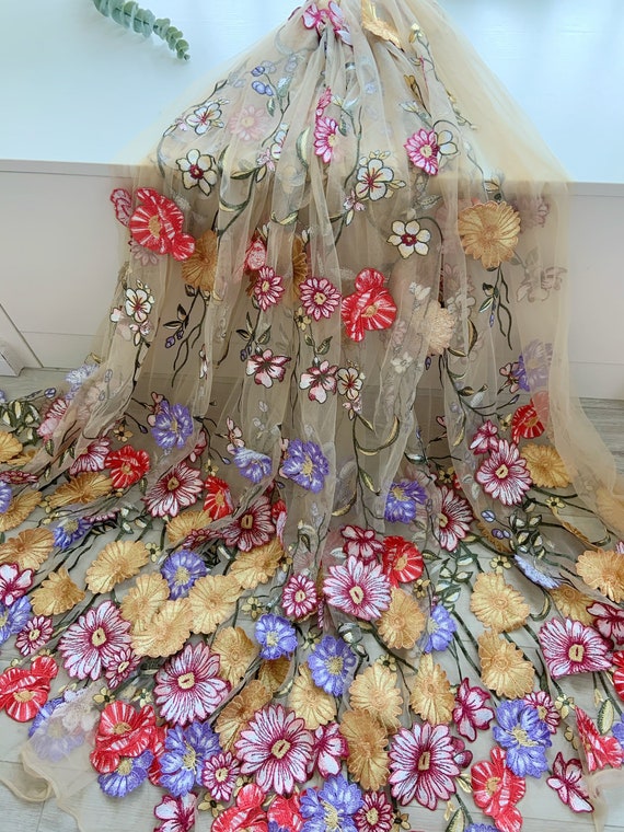 Nude Skin tone Embroidered Tulle lace fabric with 3d flowers, embroidered florals tulle lace fabric for couture, dress, popular right now