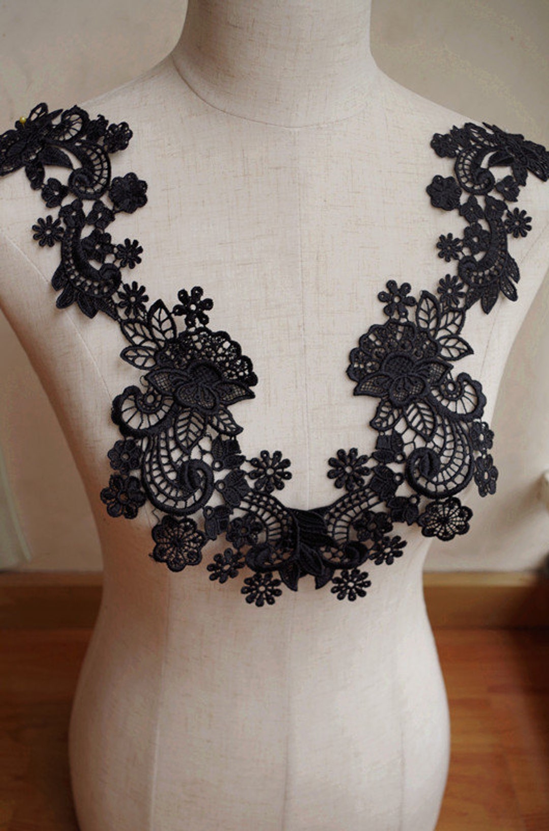Black Lace Applique, Crochet Lace Applique, Venise Lace Applique, 2pcs ...