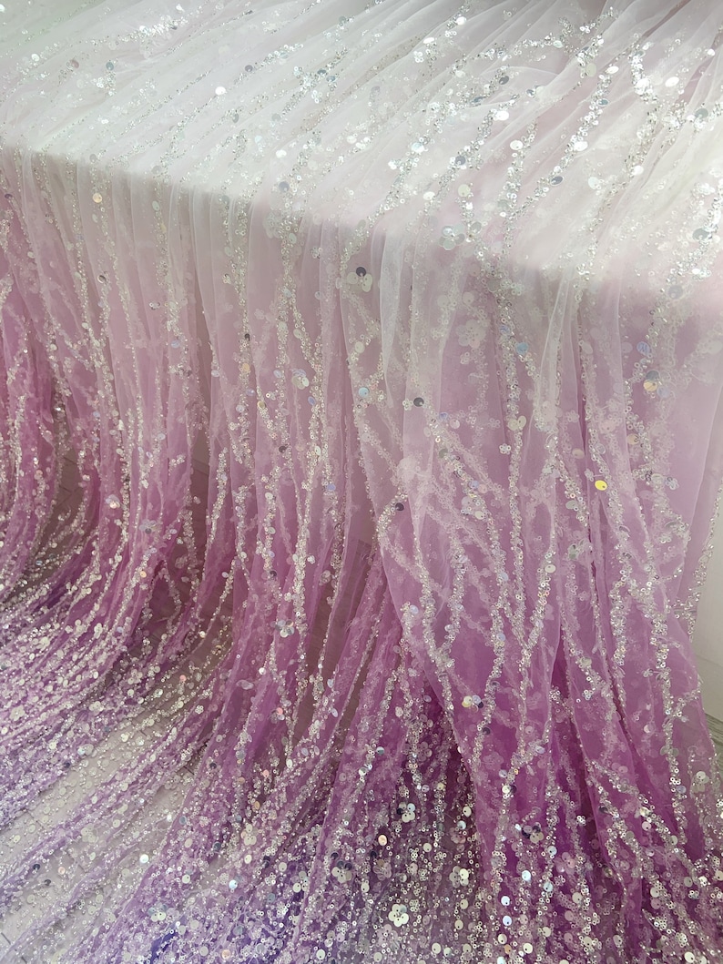 Aqua purple Sparkle bead tulle lace fabric, ombre colored bead fabric with gradient colors with florals vines for ball gowns lavender to purple