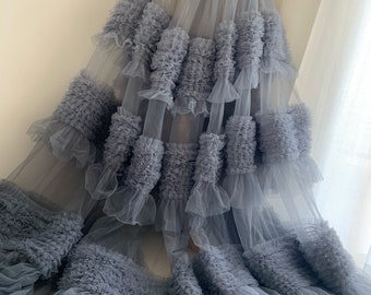 Puffy Dust Blue Ruffle Fabric for Cake Dress, Soft Tulle