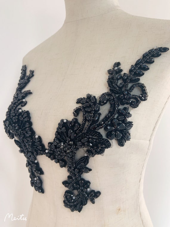 Black rhinestone Florals applique for couture dance costume