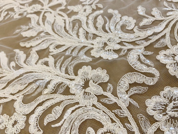 Delicate bridal lace fabric with sequins, heavy bead lace fabric for bridal dress, bridal lace fabric with florals