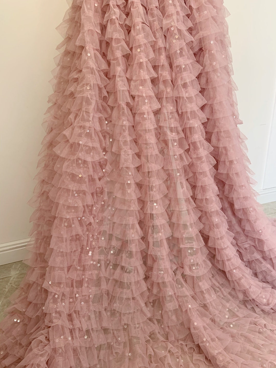 Mauve Pink Ruffle Fabric for Cake Dress With Sequins, Frilled Fabric ...