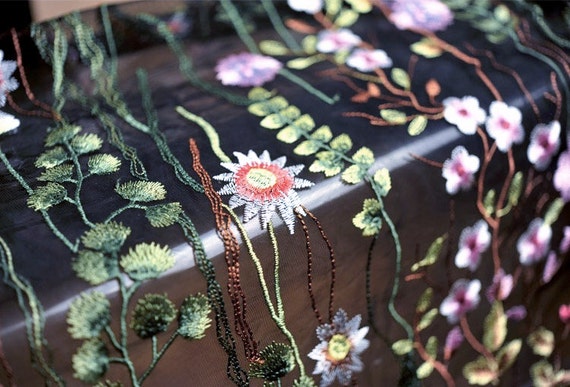 heavy embroidered lace fabric with colorful florals, black tulle lace fabric with multi-color flowers, deluxe embroidery mesh lace fabric
