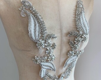 Silver white rhinestone appliqué by pair, rhinestone neckline applique for dress, dance costume supplies
