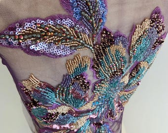 Violet purple bead embroidery with big flowers, heavy bead flowers patch with for dress, supplies
