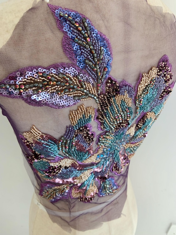 Violet purple bead embroidery with big flowers, heavy bead flowers patch with for dress, supplies
